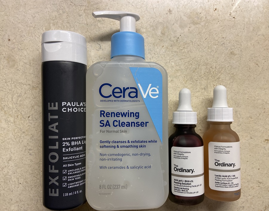 Chemical Exfoliation Products: Paula's Choice 2% BHA, CeraVe Salicylic Acid Cleanser, The Ordinary AHA + BHA Peeling mask, The Ordinary 5% Lactic Acid