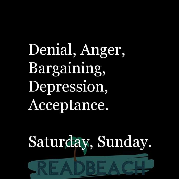 My memes are ironic but my depression is chronic. - Denial, Anger, Bargaining, Depression, Acceptance. Saturday, Sunday.